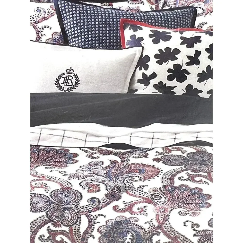 Ralph Lauren Carter Paisley Full Queen Duvet Cover Set Navy Sateen Reversible